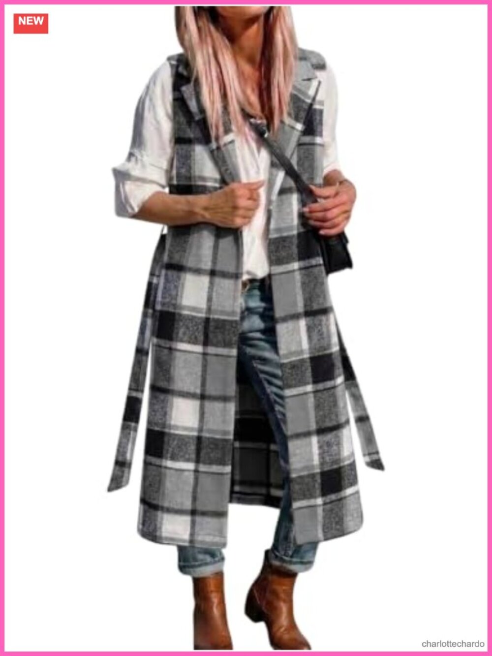 Long Plaid Wool Vest Sleeveless Open Front Blazer Cardigan